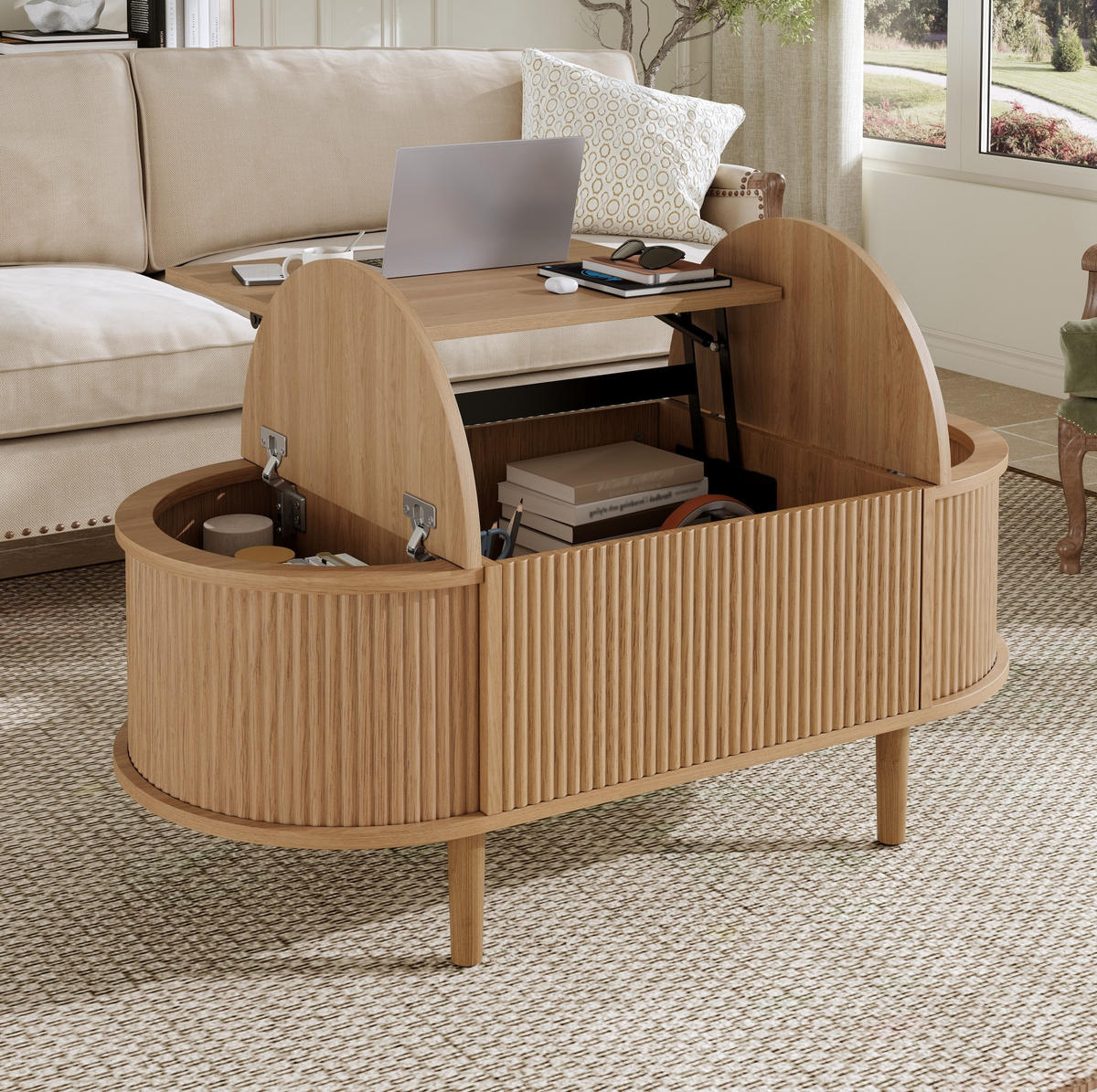 COUCHTISCH 100/48/53,5 cm mit höhenverstellbarer Tischplatte, Stauraum und ovalem Design aus MDF, Eiche - Eichefarben, Holzwerkstoff (100/48/53.5cm) - Modfu