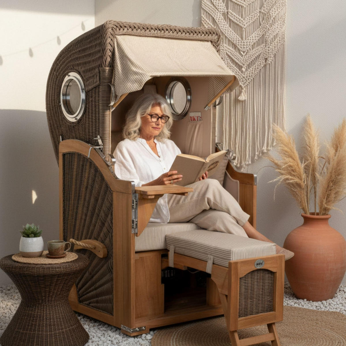 STRANDKORB Düne Single Teak 1-Sitzer - Taupe/Braun, Holz/Textil (96/165/80cm) - Mr. Deko