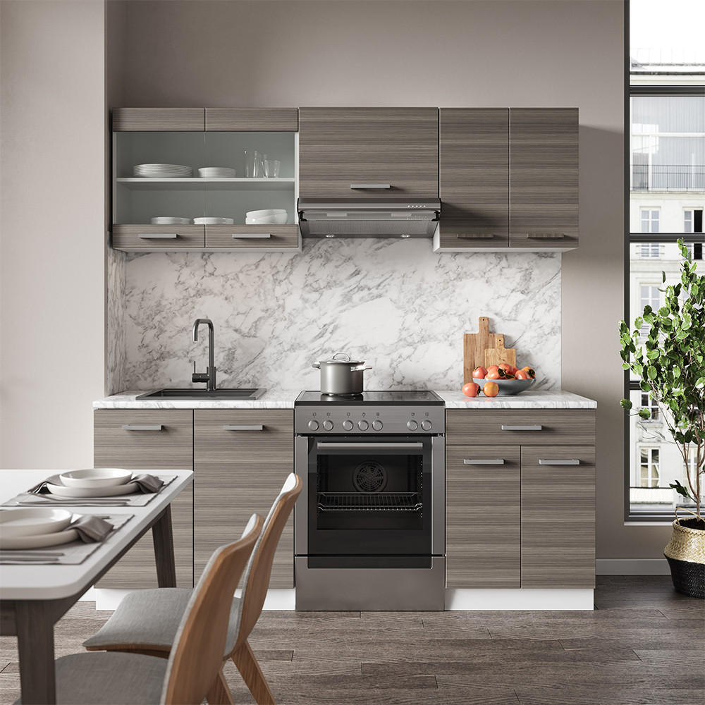 KÜCHENZEILE R-Line Edelgrau/Weiß 200 cm, AP Marmor - Braun/Weiß, Holzwerkstoff (200/81.6/60cm) - Vicco