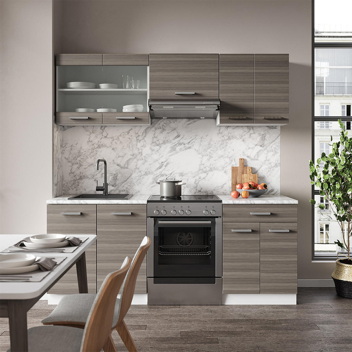 KÜCHENZEILE R-Line Edelgrau/Weiß 200 cm, AP Marmor - Braun/Weiß, Holzwerkstoff (200/81.6/60cm) - Vicco