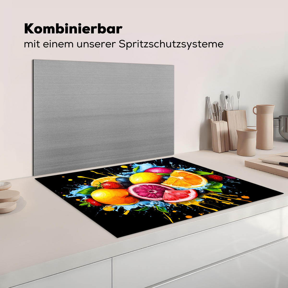 HERDABDECKPLATTE Obst - Graffiti - Bunt - Orange - Erdbeere - Abstrakt Induktionsmatte 77x59 cm - Orange, Kunststoff (77/59/0.2cm) - MuchoWow