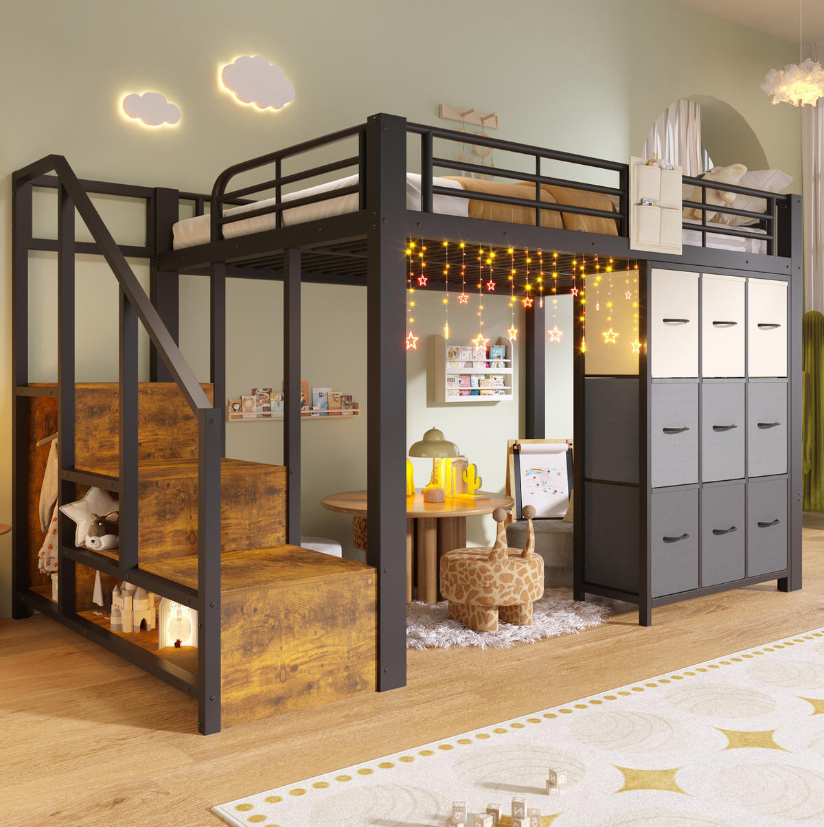 HOCHBETT 140/200 cm Schwarz/Weiß aus Metall und MDF mit Stauraum - Schwarz, Holzwerkstoff (140/200cm) - OKMYHOME