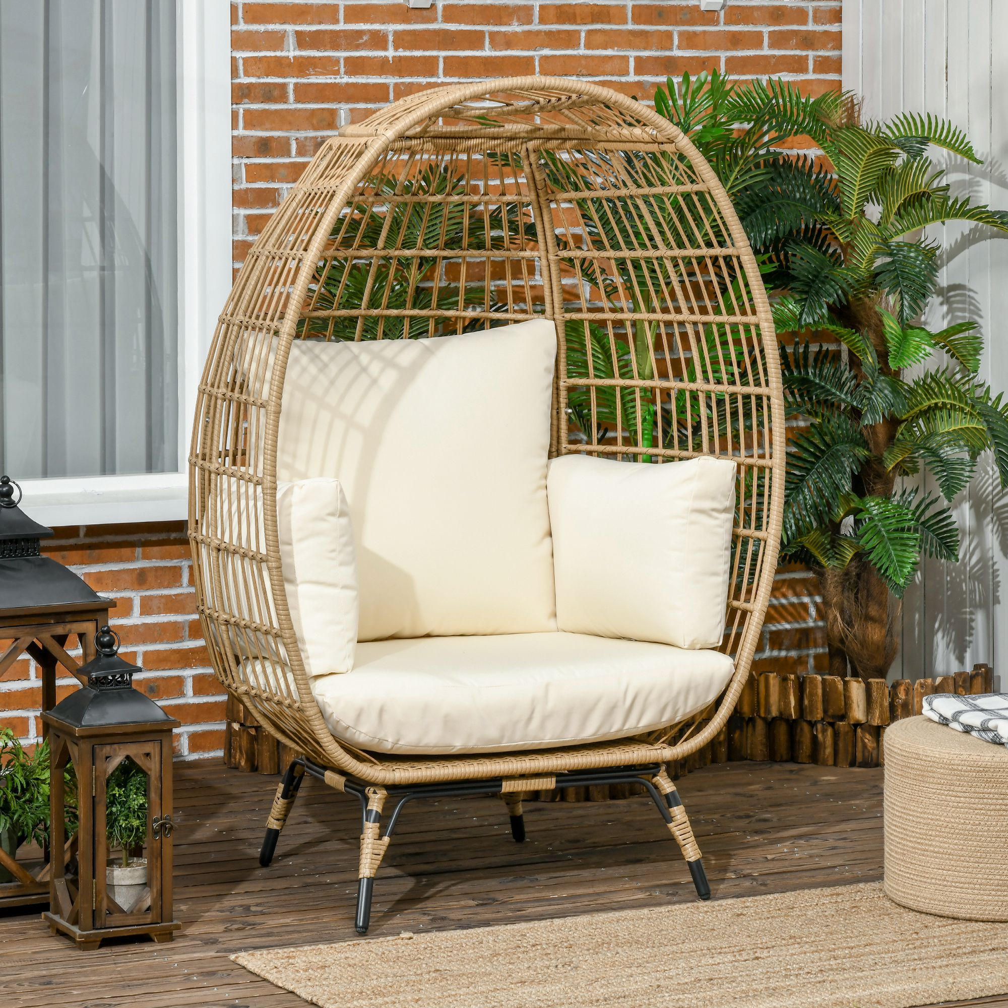 RATTANSESSEL in Korbform, für Balkon, Terrasse, Metall, Khaki, 105 x 90 x 148 cm - Beige, Kunststoff (90/148/105cm) - Outsunny