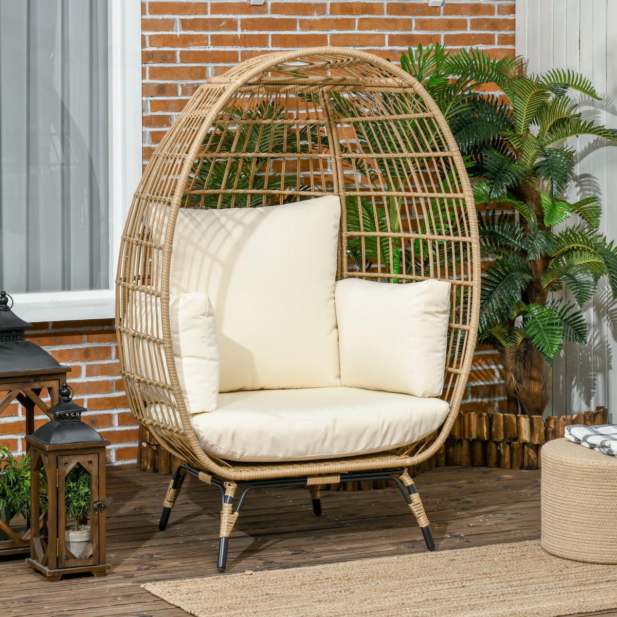 RATTANSESSEL in Korbform, für Balkon, Terrasse, Metall, Khaki, 105 x 90 x 148 cm - Beige, Kunststoff (90/148/105cm) - Outsunny