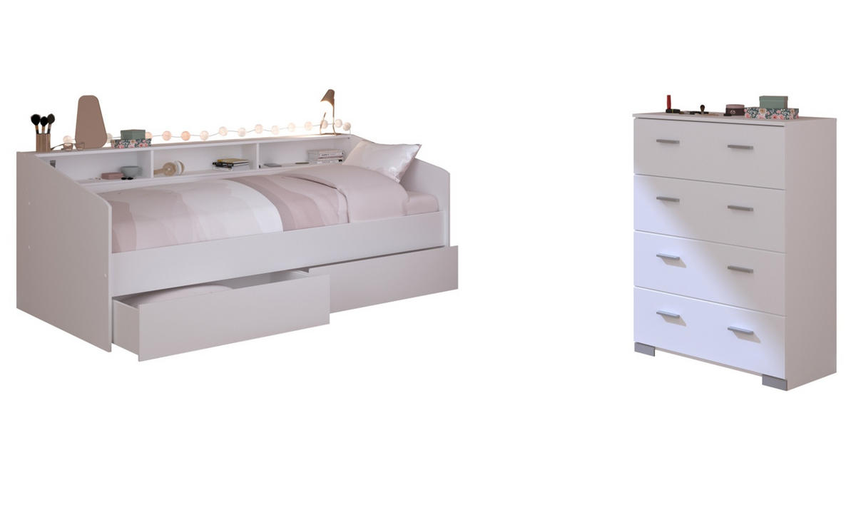 KINDERZIMMER Set 2-tlg. mit Stauraumbett 90x200 cm und Kommode - Silberfarben/Weiß, Holz/Holzwerkstoff (206/82/113cm) - Parisot Meuble