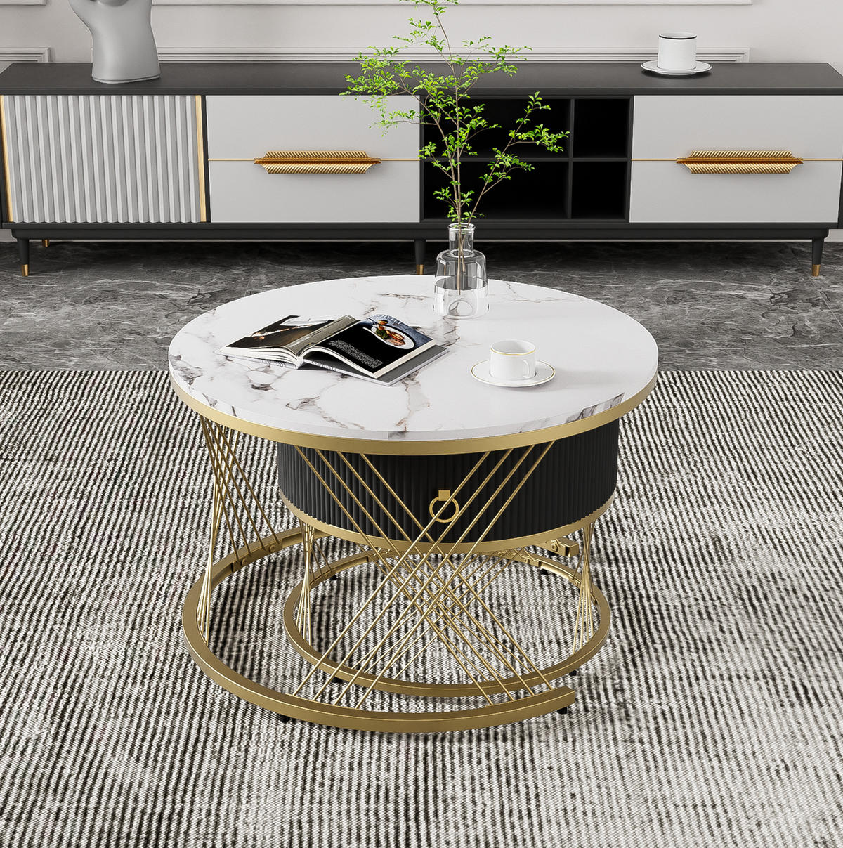COUCHTISCH aus MDF 70x70x45+50x50x40 cm Weiß mit Schublade, nestbarem Design und goldfarbenen Metallelementen - Weiß, Holzwerkstoff (70/70/45cm) - Modfu