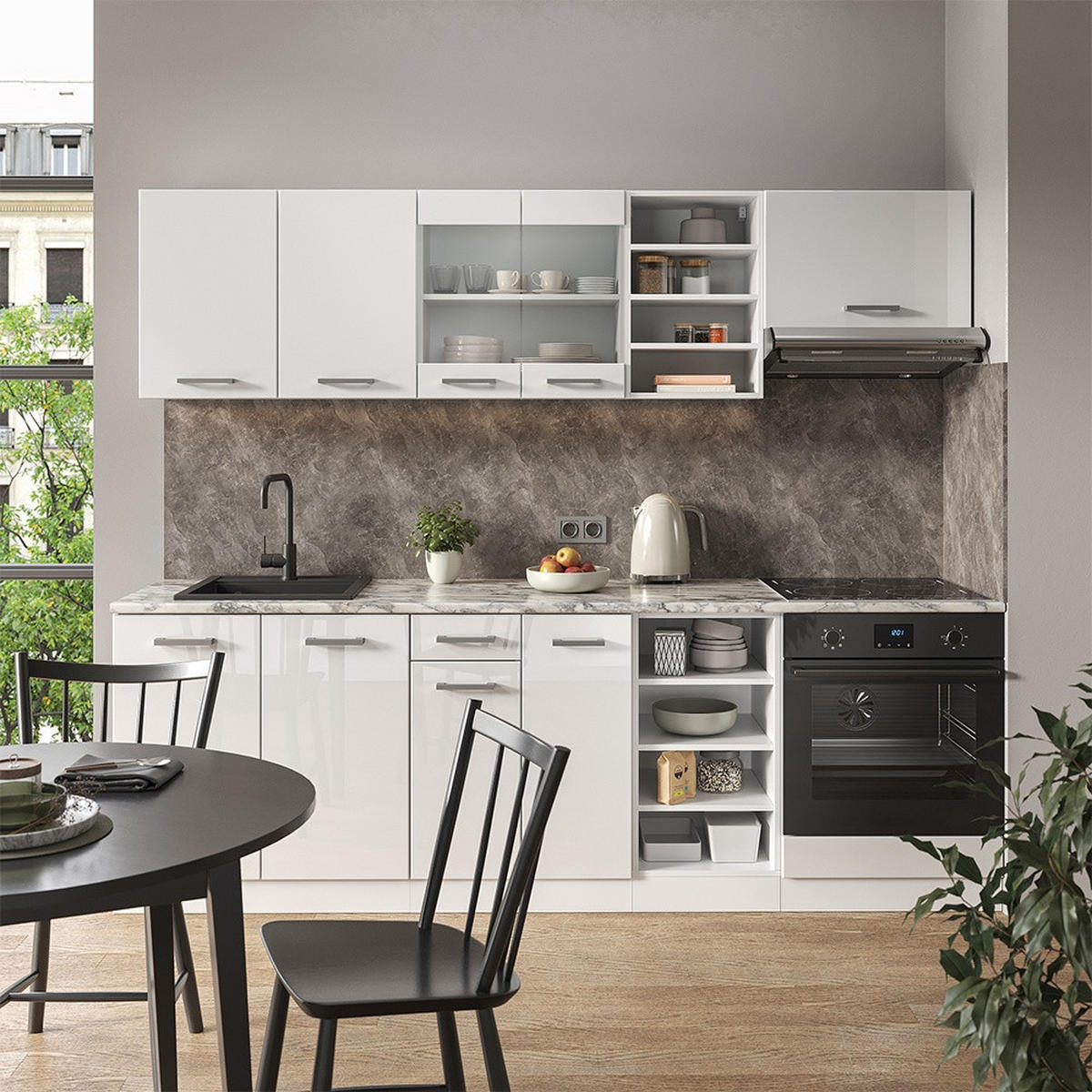 KUCHYŇSKÝ KOUT R-Line Bílá vysoký lesk/bílá 240 cm s pracovní deskou - bílá/vysoce lesklá bílá, kompozitní dřevo (240/206.8/60cm) - Vicco
