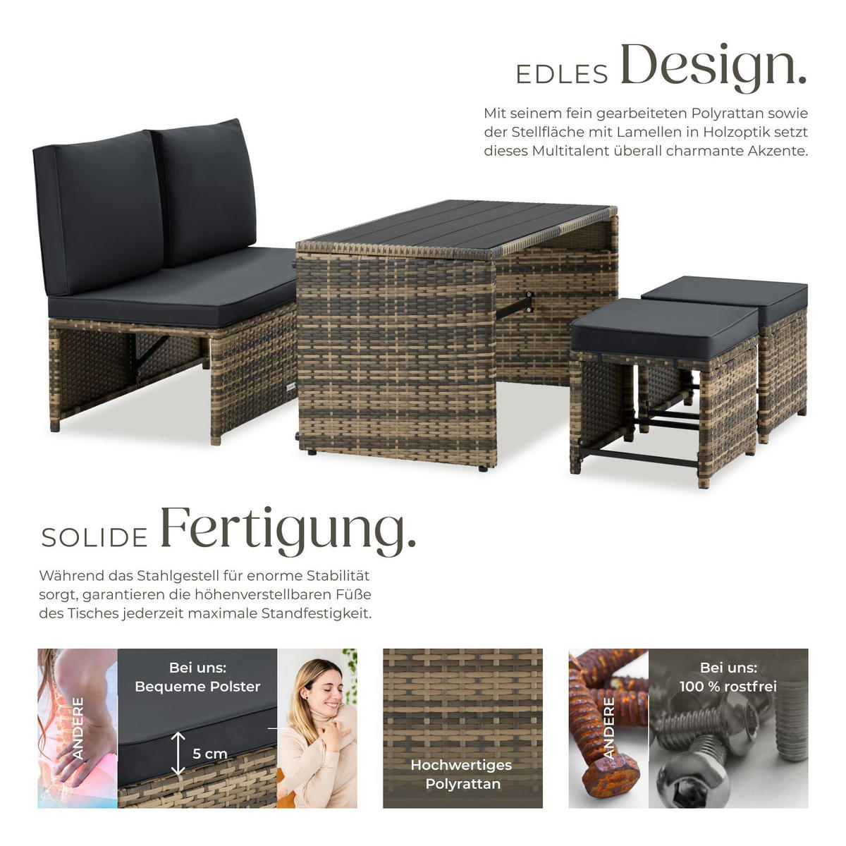 2-IN-1-RATTANLOUNGE-SET Monopoli, höhenverstellbare Tischfüße, natur - Naturfarben, Kunststoff - tectake