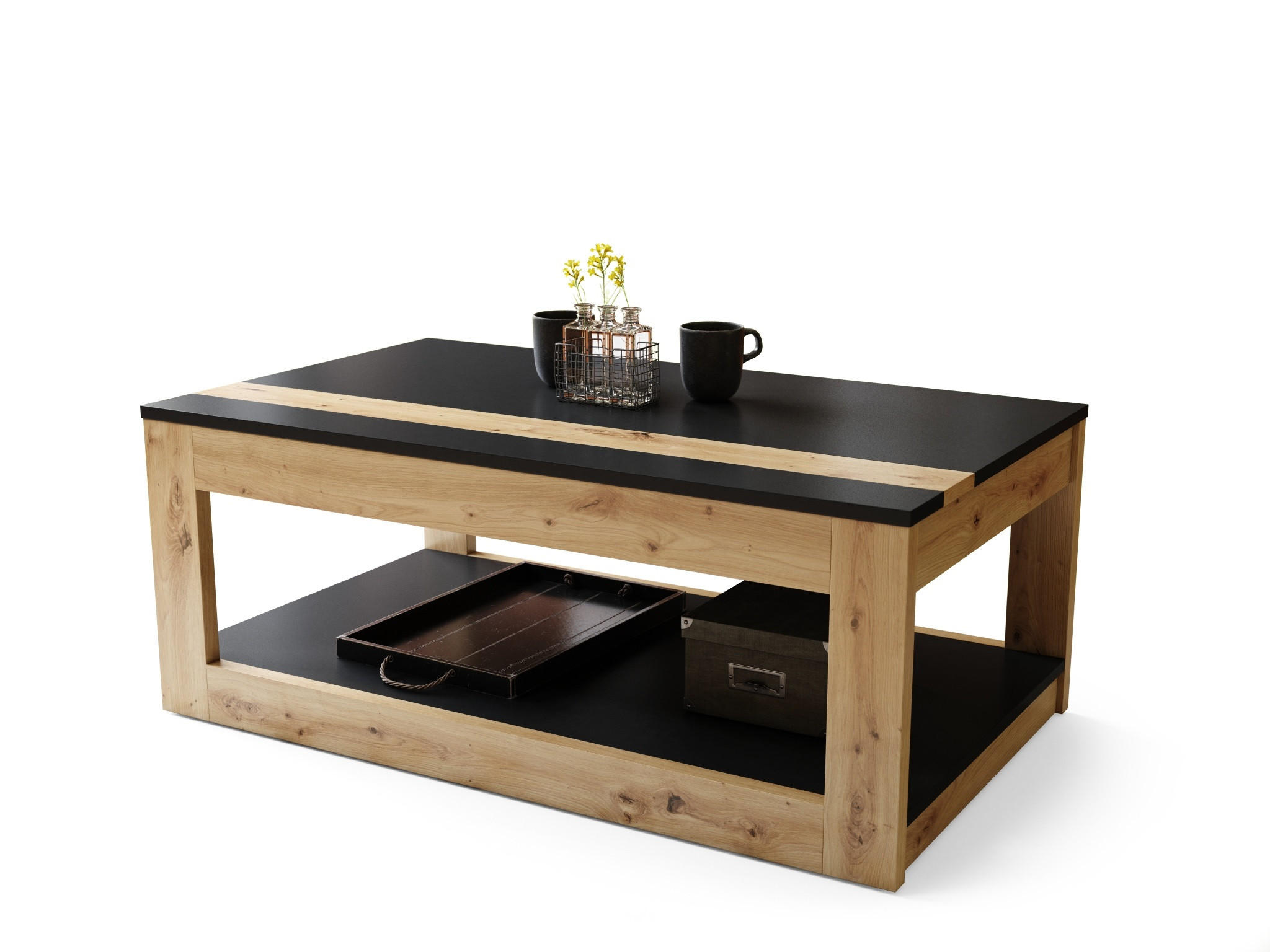 COUCHTISCH rechteckig Schwarz - Eiche Artisan aufklappbar - Schwarz/Eiche Artisan, Holzwerkstoff (66/112/45cm) - designimpex