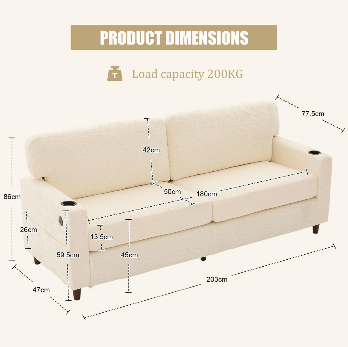 POHOVKA z chenille, 203/77,5/86 cm béžová, 2-miestna s USB-C a LED - béžová, textil (203/86/77.5cm) - BEAOK
