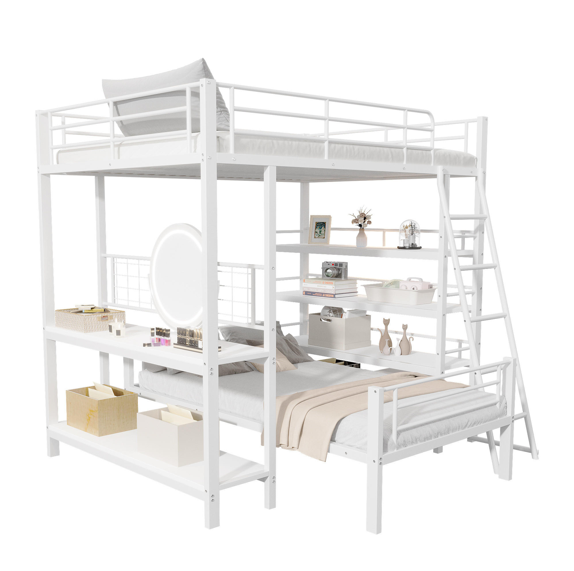 ETAGENBETT aus Metall und MDF 140x200/90x200 cm Weiß mit Ablagefächern, trennbar und platzsparend - Weiß, Metall (90/200cm) - Modfu