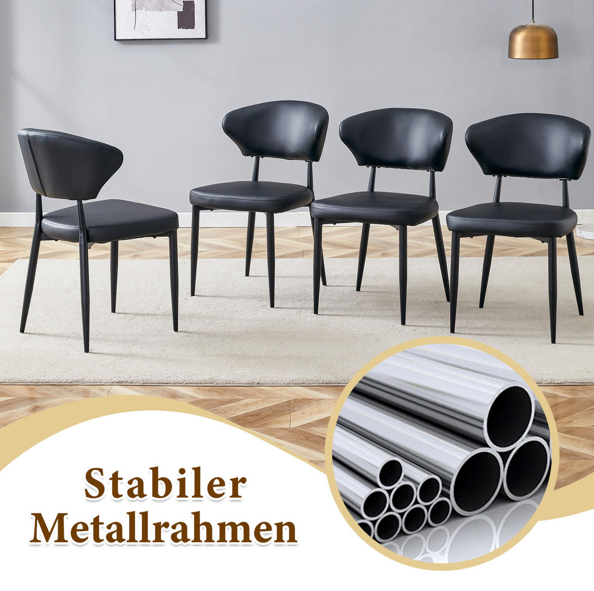 ESSTISCH-SET 100 cm Schwarz mit 4 Stühlen - Schwarz, Metall (100/76/100cm) - Meubliv