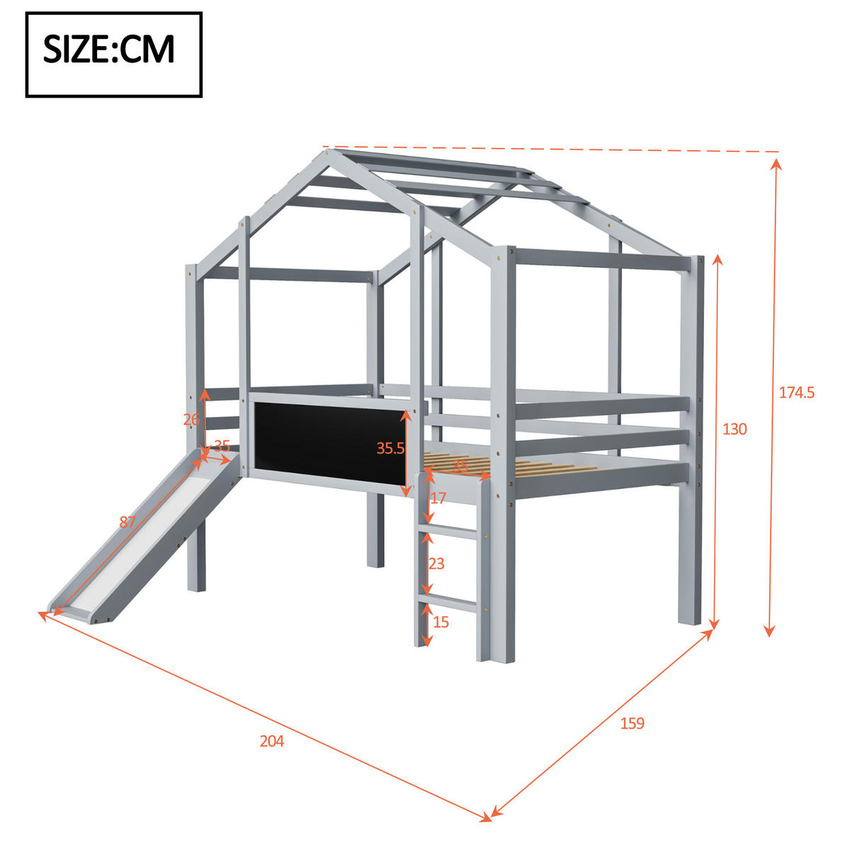 KINDERHOCHBETT Hausstil 90/200 cm, Grau mit Rutsche und Tafel - Grau, Holz (90/200cm) - MIVRAY