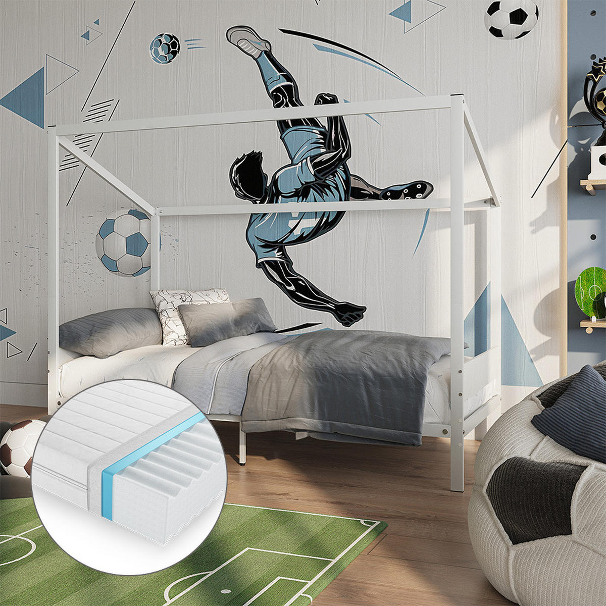 KINDERBETT Goal, Weiß/Schwarz, 90x200 mit Matratze - Schwarz/Weiß, Metall - VitaliSpa