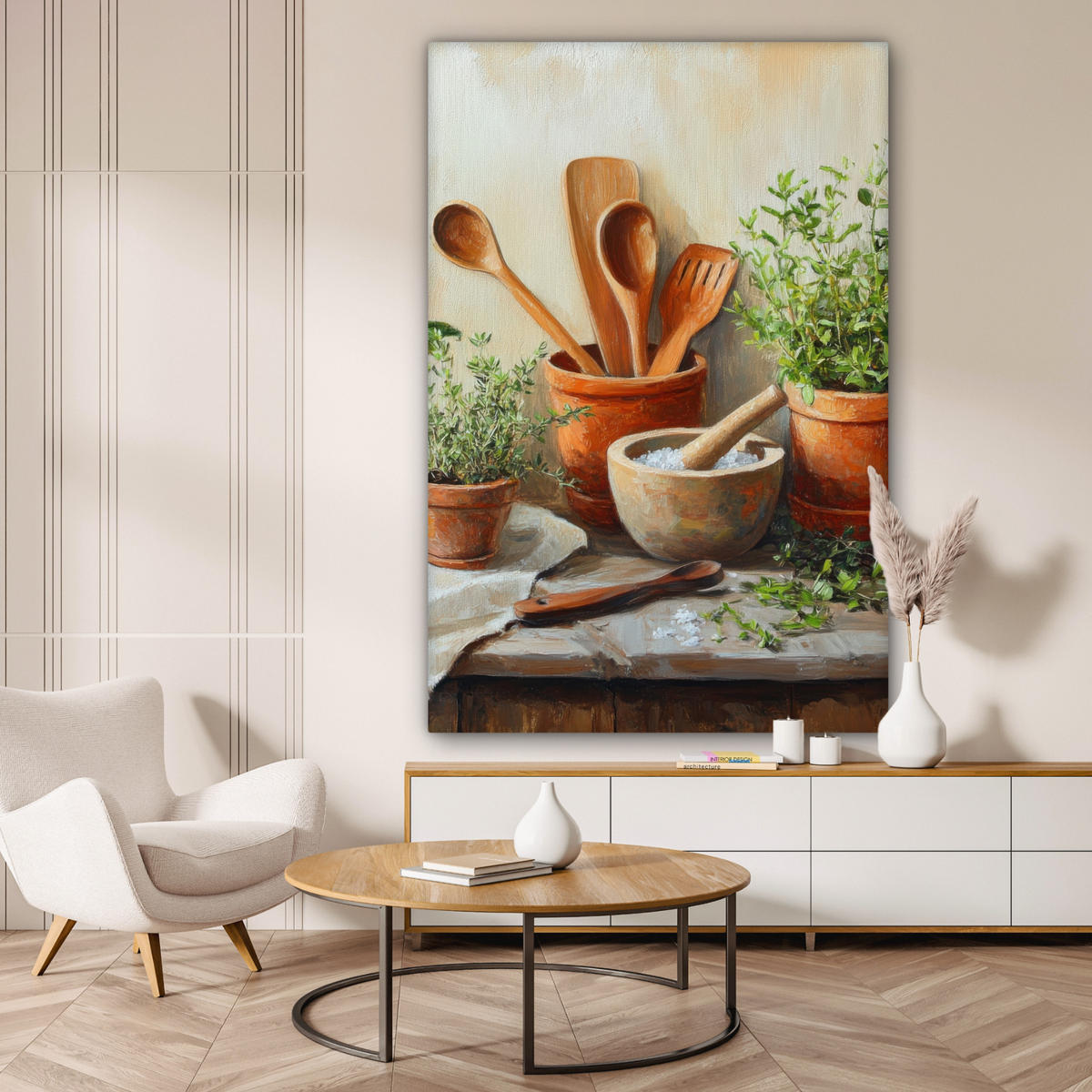 LEINWANDBILD Töpfe - Kräuter - Holz 90x140 cm - Terracotta, Textil (90/140cm) - MuchoWow