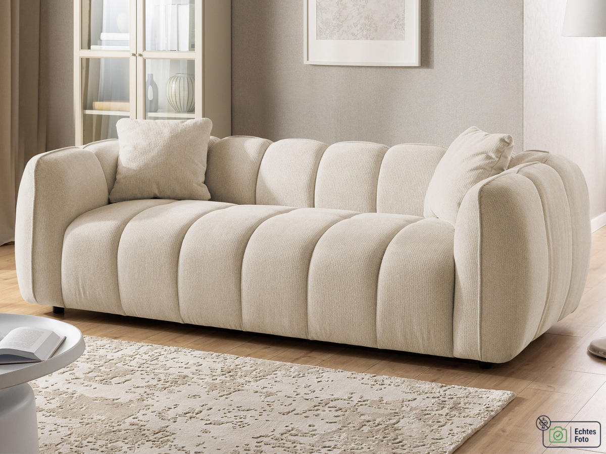 3-SITZER SOFA Nubira in tief gesteppter Bubble-Optik aus weichem Hellbeige Strukturstoff im modernen Design - Beige/Schwarz, Holz/Kunststoff (228/69/89cm) - S-Style Möbel