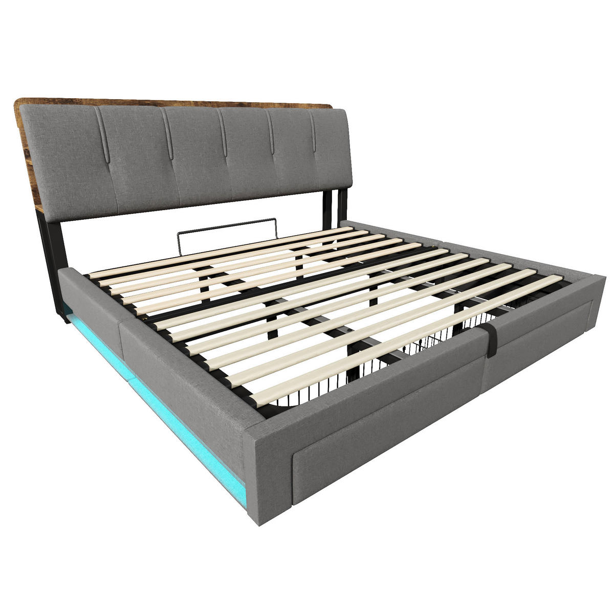 POLSTERBETT 180/200 cm aus Leinen mit hydraulischem Bettkasten, USB-/Typ-C-Anschluss, LED-Beleuchtung, Grau - Grau, Textil (180/200cm) - Redom