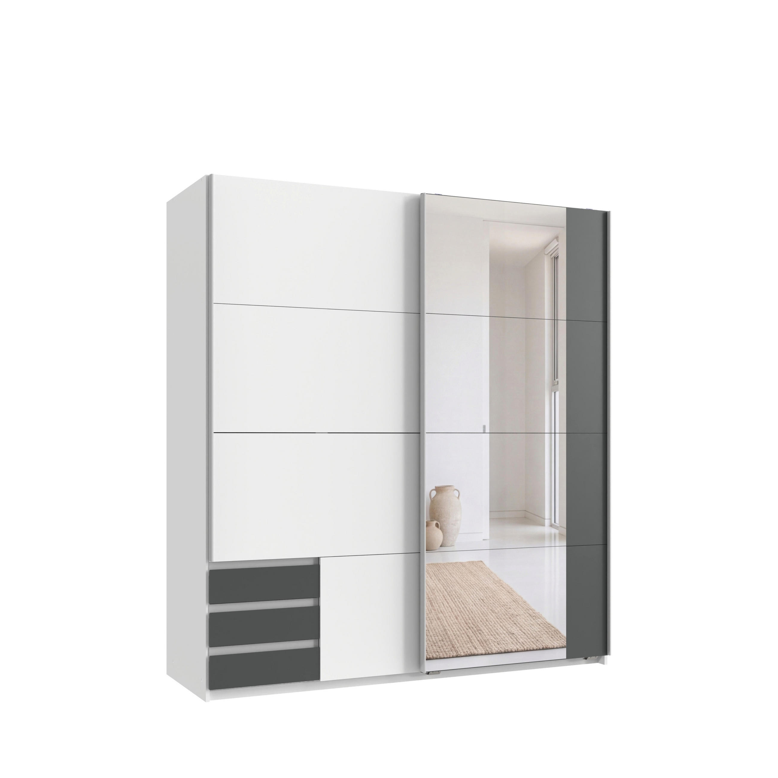 SCHWEBETÜRENSCHRANK 2-türig B179/H198/T65 cm, Kleiderschrank in Weiß, 1x Tür & sichtbare Schubkästen in Grafit mit Spiegel / 22703 - Graphitfarben/Alufarben, Holz/Holzwerkstoff (179/198/65cm) - luma-home