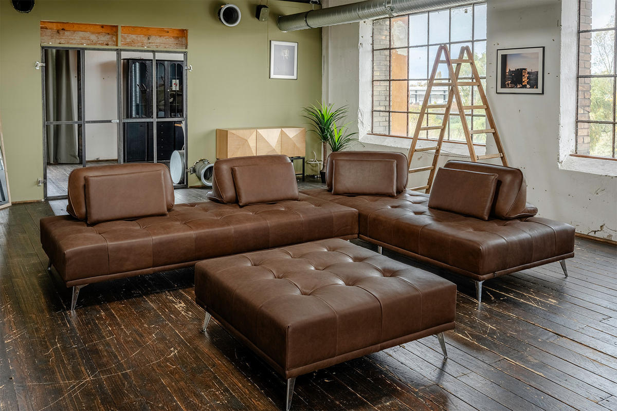 MODULSOFA MIT HOCKER WIOLO 3ER SET Dunkelbraun Leder - Dunkelbraun/Silberfarben, Leder/Metall (350/83/350cm) - KAWOLA