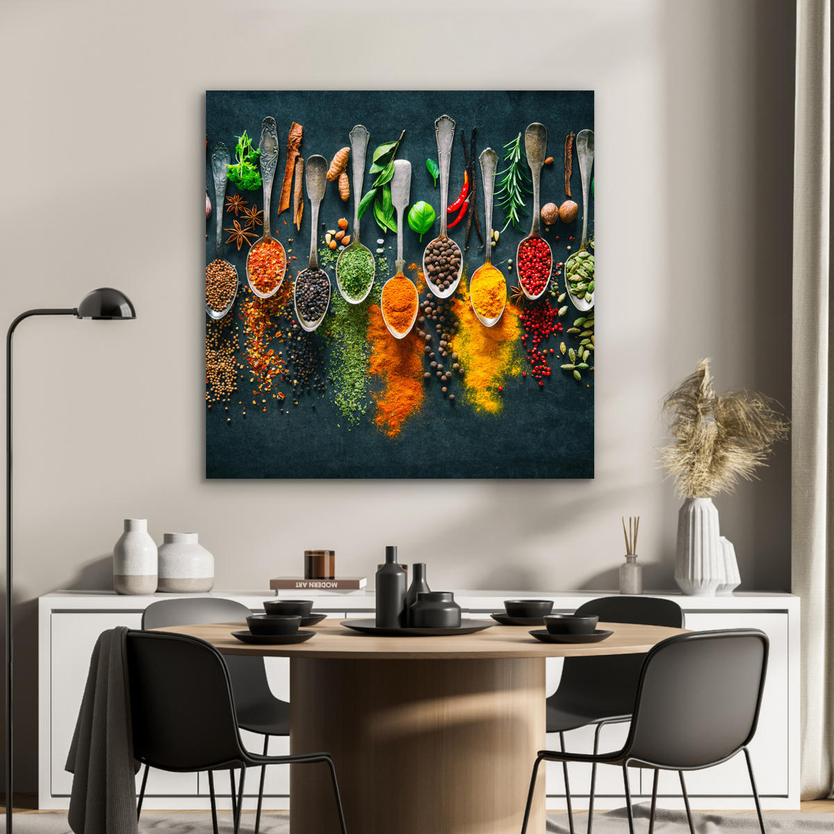 KOVOVÝ OBRAZ Bylinky - korenie - lyžičky 90x90 cm - kari žltá, kov (90/90cm) - MuchoWow