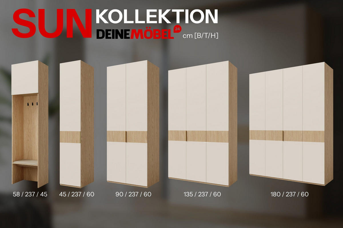 KLEIDERSCHRANK SUN 135/237/60 cm in Frühlingseiche/Macadamia - Eichefarben, Holzwerkstoff (135/237/60cm) - Deine Möbel 24