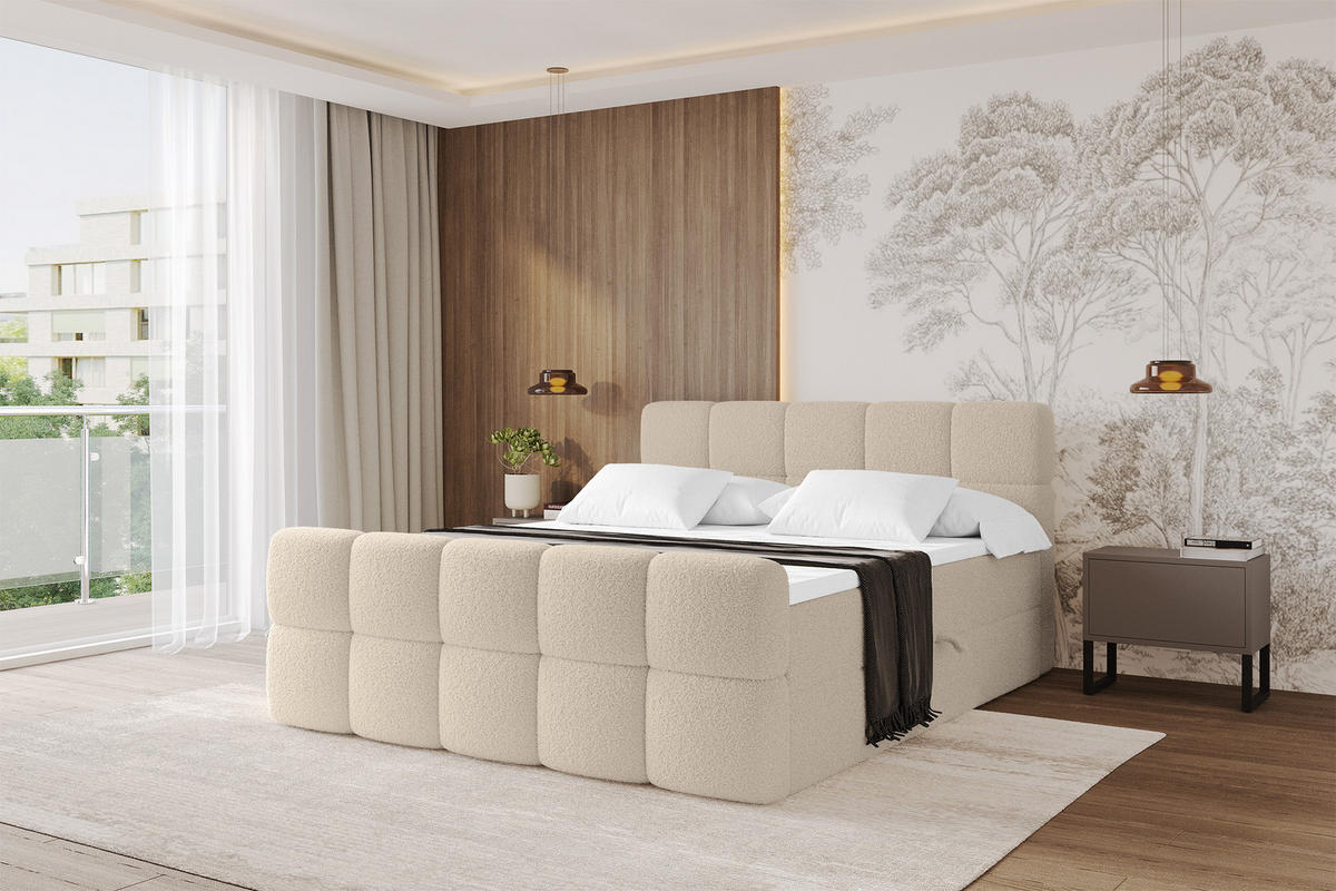 BOXBETT mit Matratze H4 - FAMA-Z - 200x200 cm Dunkelbeige Quelle - Creme, Holzwerkstoff (200/200cm) - ALTDECOR