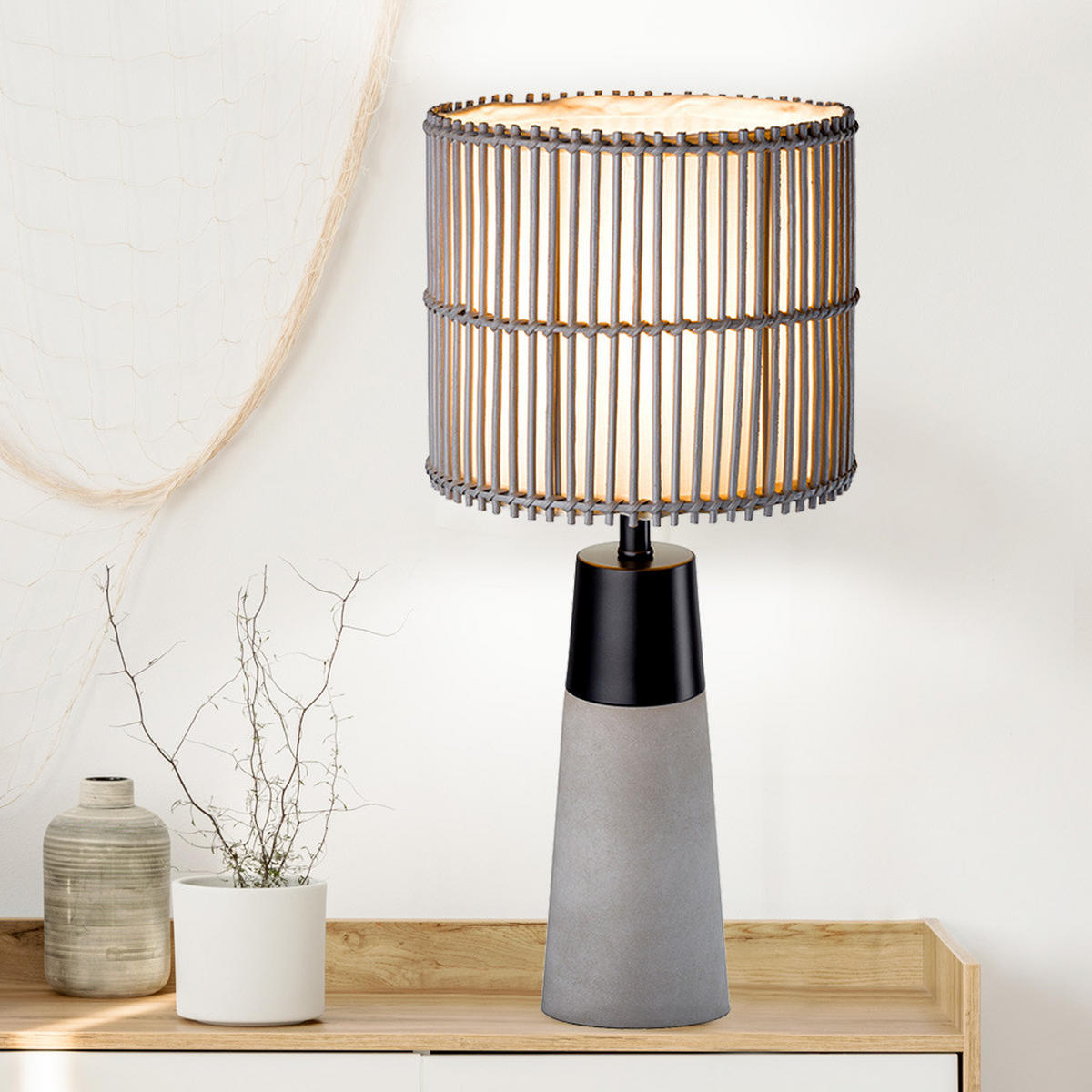 TISCHLEUCHTE Metall Bambus Grau - Grau, Holz (30/30/60cm) - Globo Lighting