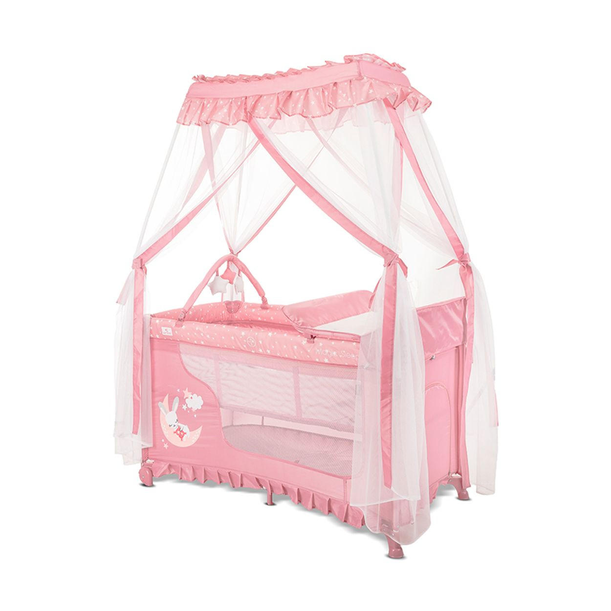 BABYREISEBETT Magic Sleep 2 Ebenen rosa Sterne Wickelauflage, Mobile, Baldachin, Räder, Tragetasche, Polyester - Rosa, Metall (60/120cm) - Lorelli