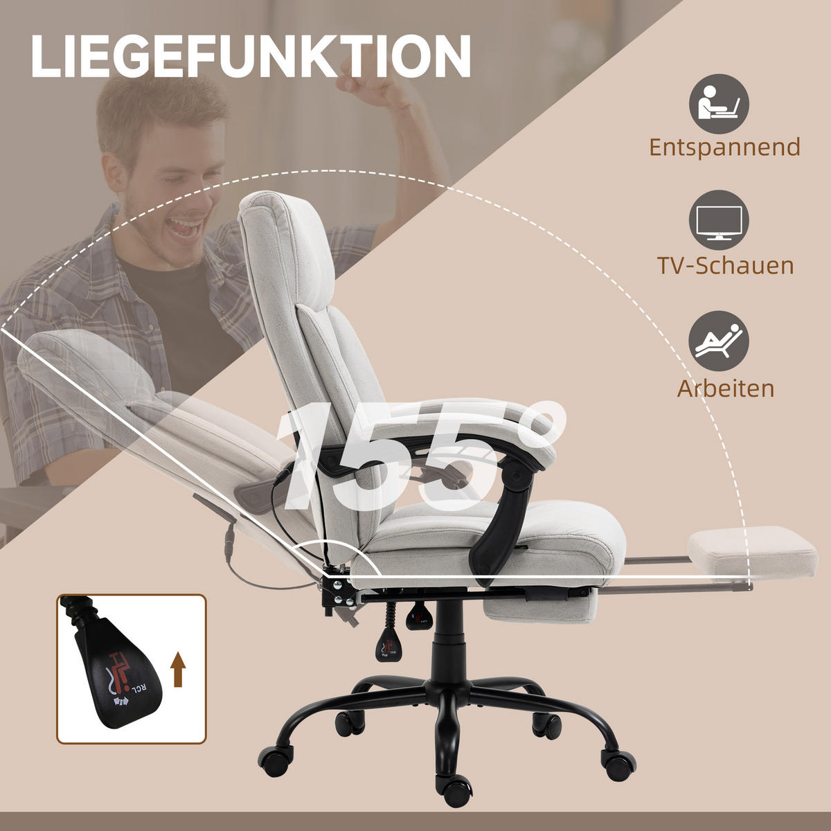 MASSAGE-BÜROSTUHL, 111-119cm Schreibtischstuhl mit Heizfunktion - Hellgrau, Kunststoff (74/119/65cm) - Vinsetto