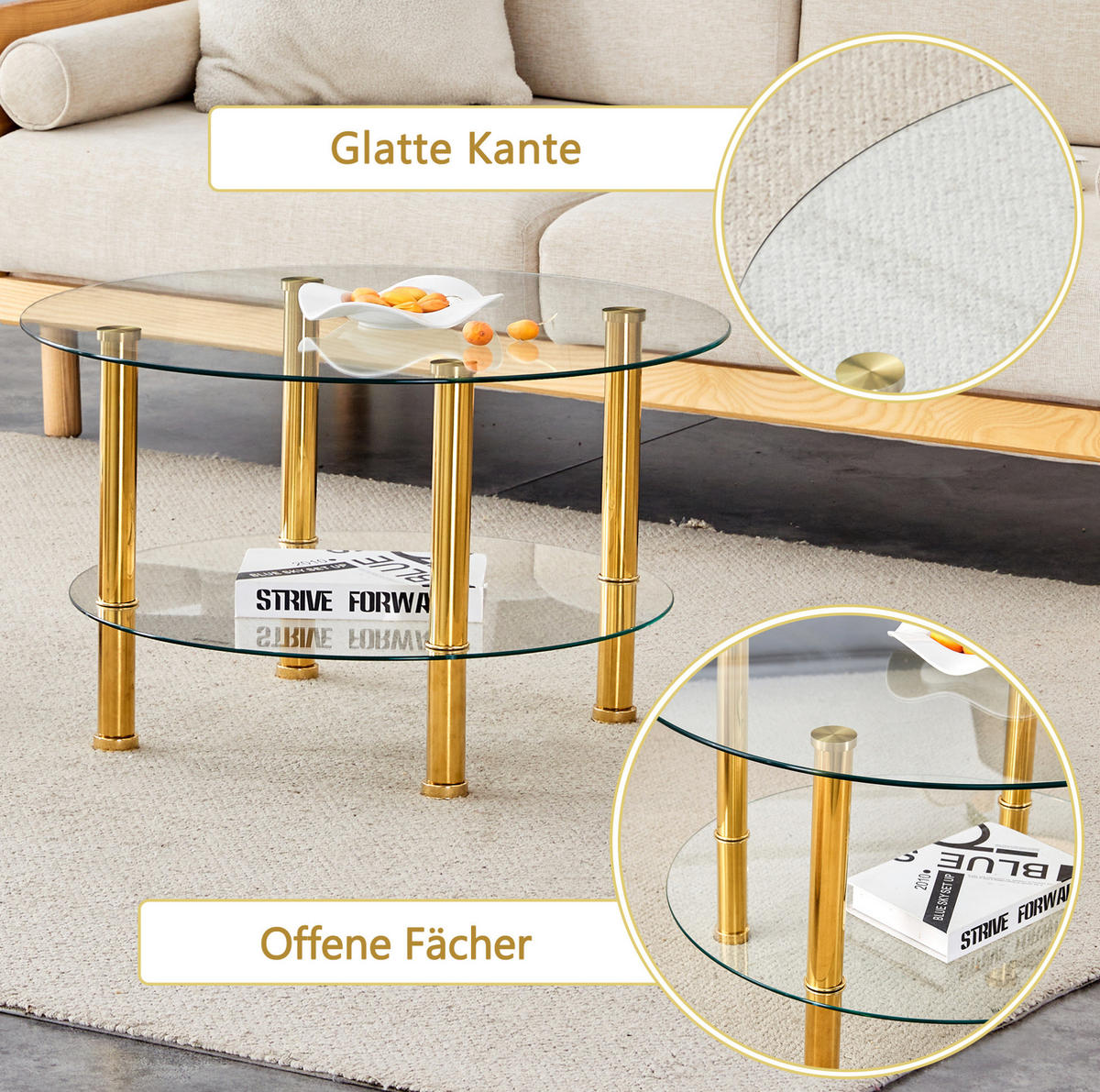 KONFERENČNÍ stolek ze skla a kovu, Ø 70/60/42 cm zlatá/transparentní, dvouúrovňový - zlatá, sklo (70/70/42cm) - BEAOK