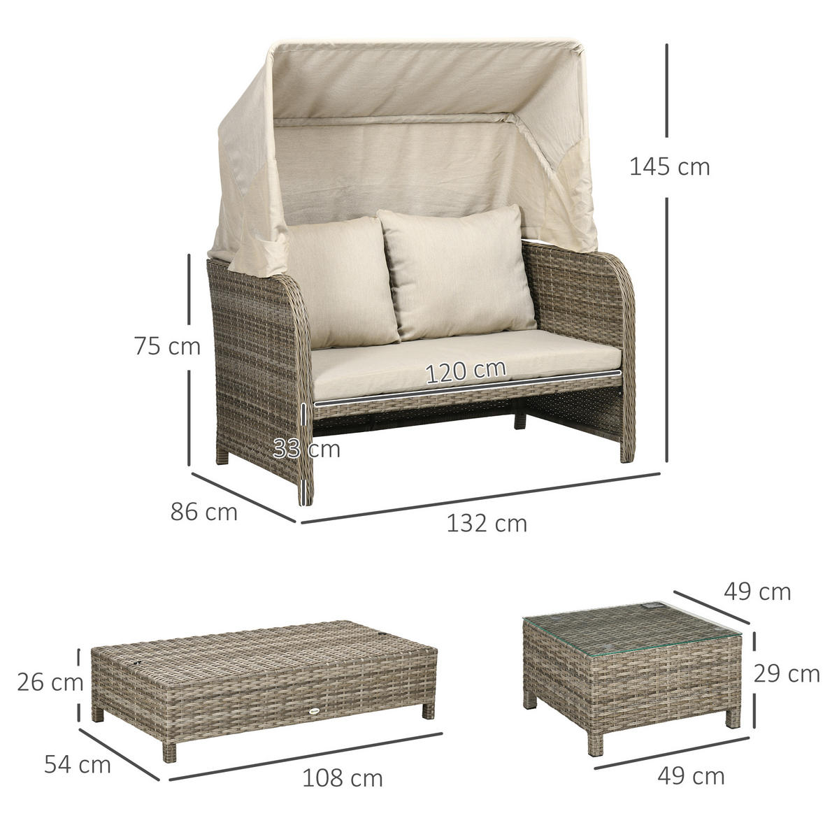 GARTENLOUNGE-SET 4tlg. DE-13640 2-Sitzer-Sofa mit Hocker & 2 Tischen Beige & Braun - Mokka, Kunststoff/Metall - ComfortXL