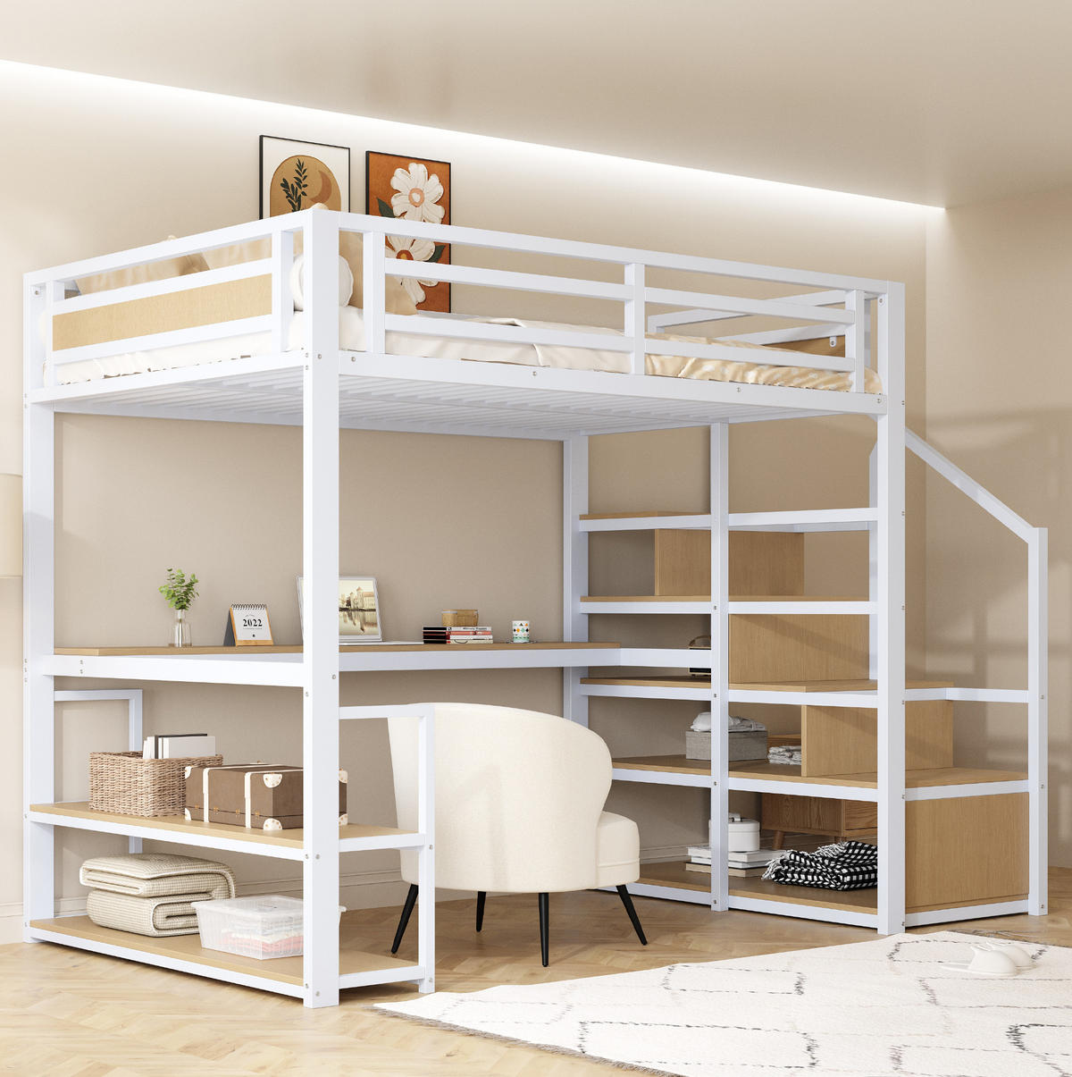 HOCHBETT 140/200 cm aus Metall/MDF mit Regal, Schreibtisch und Stauraumtreppe Weiß - Weiß, Metall (140/200cm) - Modenvie