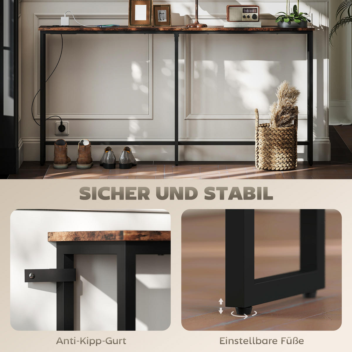 KONSOLENTISCH, Flurtisch mit Integrierte Ladestation, Stahlbeine Rustikal-Braun - Braun, Holzwerkstoff (160/20/80cm) - HOMCOM