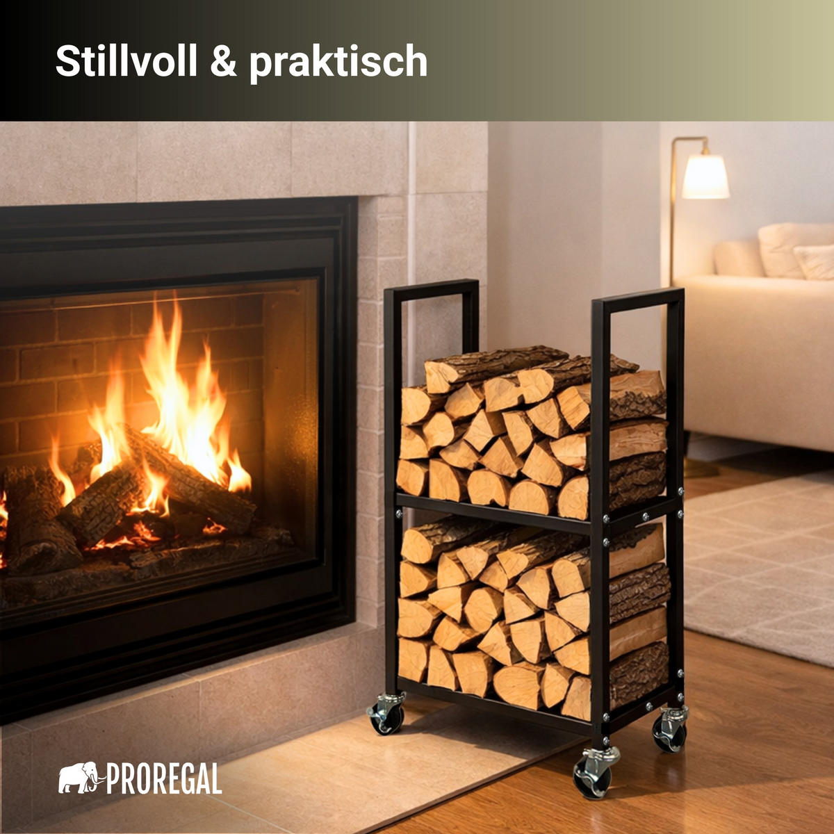KAMINHOLZREGAL Phoenix innen & außen mit Rollen 82x44x28cm Schwarz - Schwarz, Metall (44/82/28cm) - PROREGAL