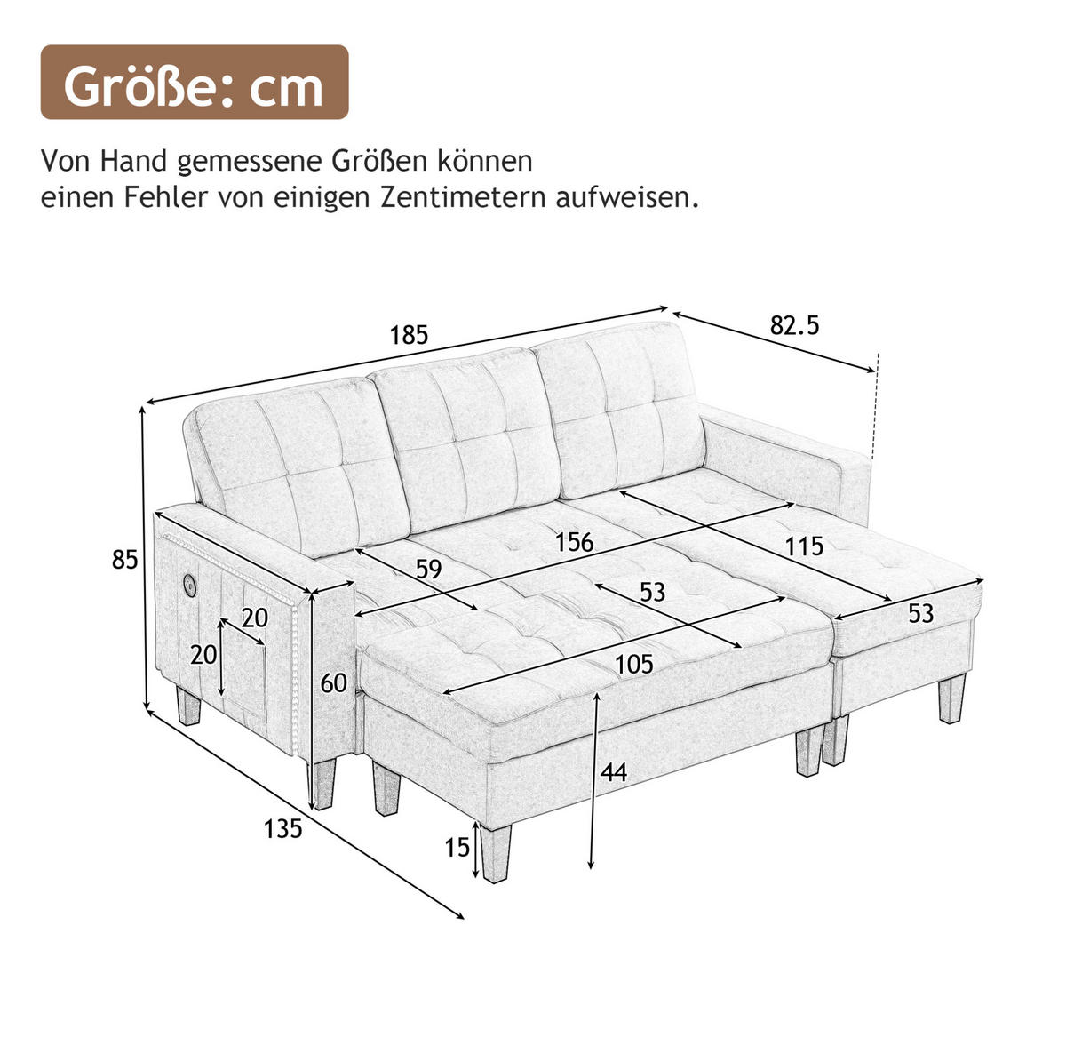 ECKSOFA 185/135/85 cm mit Schlaffunktion Antique Gray aus Chenille mit LED und USB - Grau, Kunststoff (135/185cm) - OKWISH