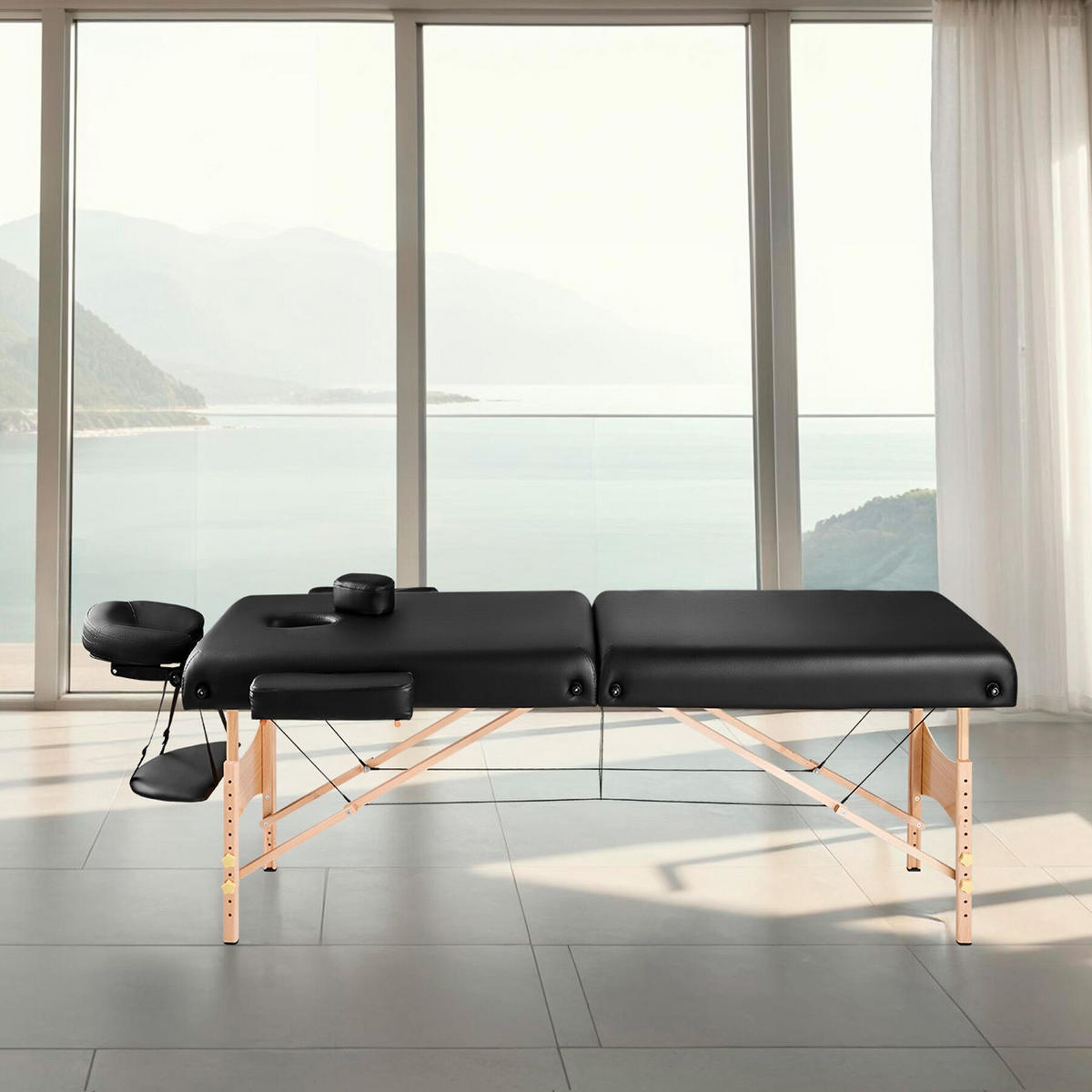 MASSAGELIEGE 2 Zonen, 220 x 83 x 87,5 cm,schwarz - Schwarz, Holz (59/65.5/187cm) - tectake