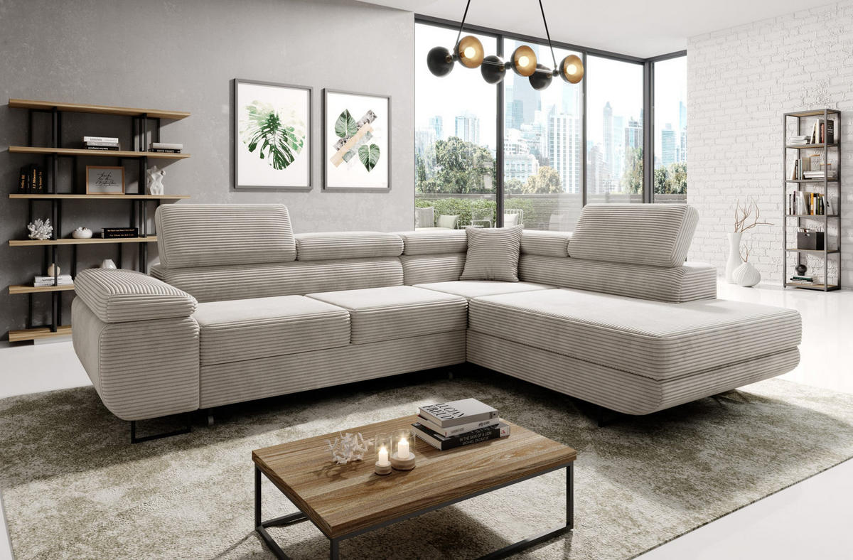ECKSOFA ASTORP, Sofa aus Cord Creme - Poso 100 - Silberfarben/Creme, Textil/Metall (277/203cm) - Moderno Meble