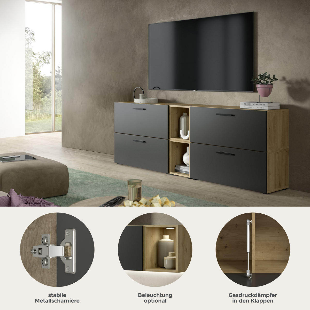 WOHNWAND The One Basalt grau 176/34/67 cm - Braun, Holzwerkstoff (176/67/34cm) - Xonox