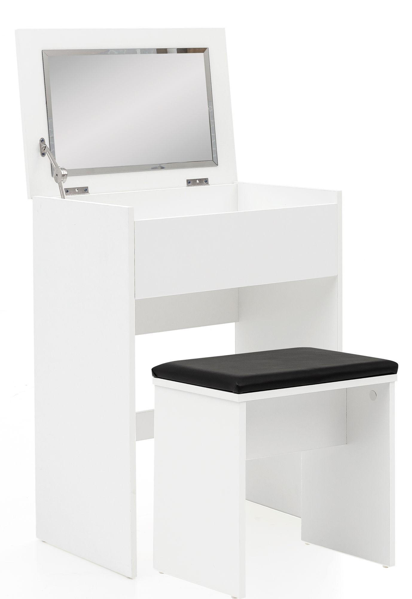 SCHMINKTISCH – Weiß, Klappspiegel & Hocker, Melaminharzbeschichtung, pflegeleicht & modern - Schwarz/Weiß, Holz/Textil (60/81/40cm) - KADIMA DESIGN