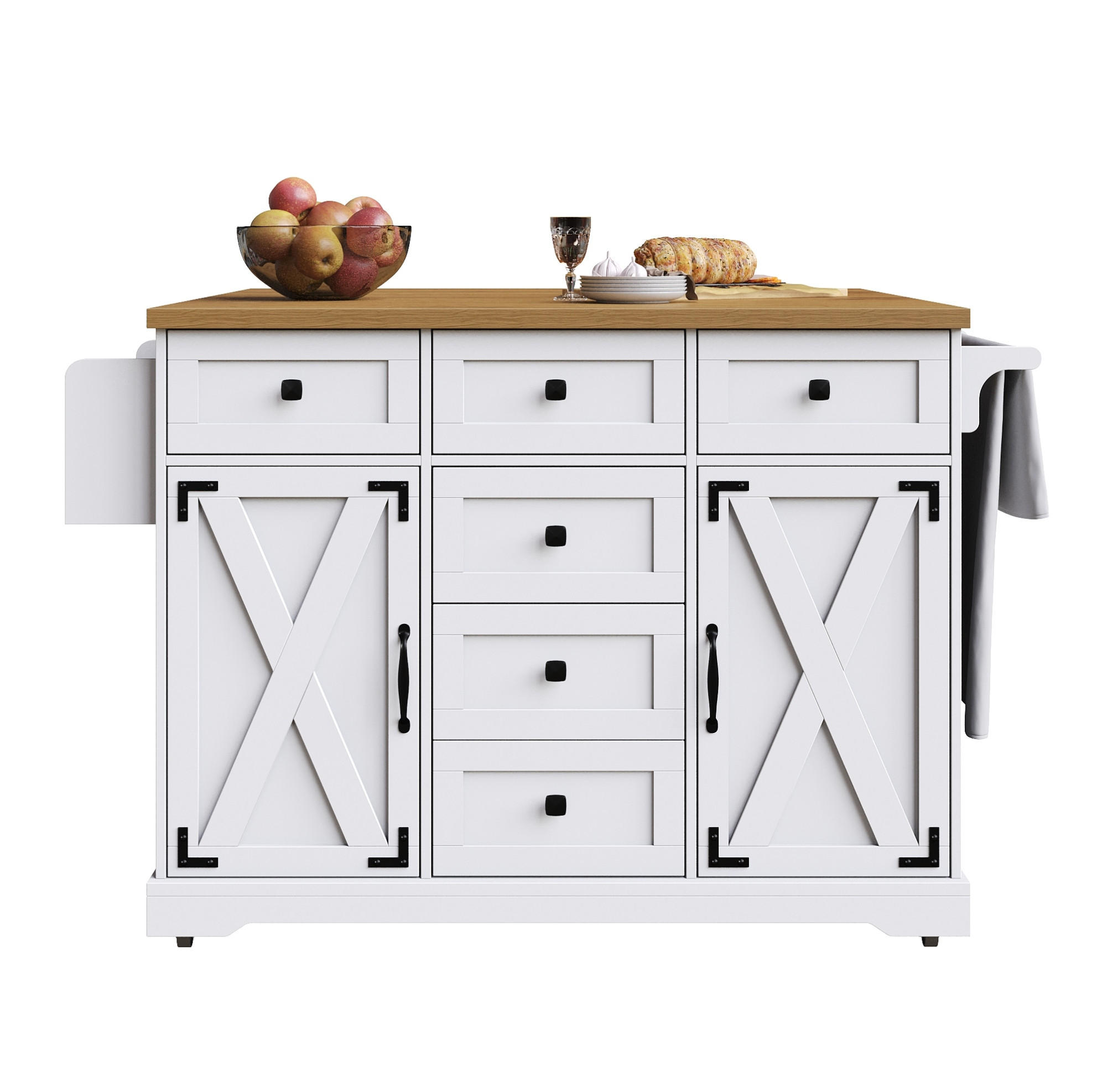 Modfu KUCHYŇSKÝ servírovací vozík z MDF a kovu 147x44x93 cm bílý rozkládací s úložným prostorem