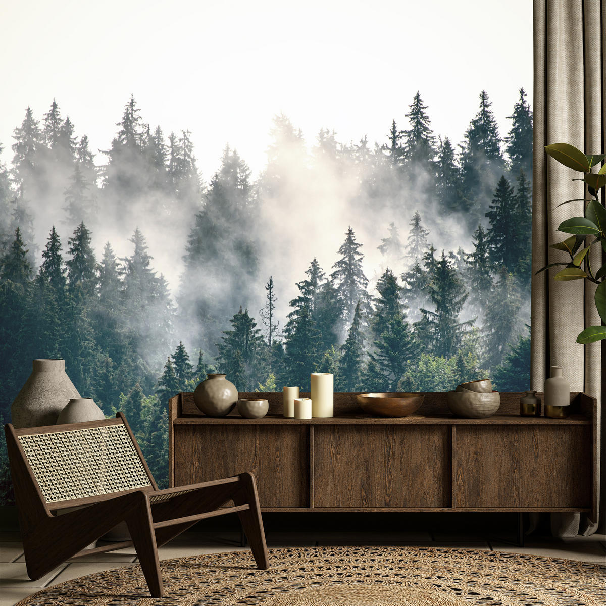 FOTOTAPETE für Wohnzimmer Nebeliger Nadelwald Berg Mystik Bäume 500x350 - Weiß/Grün, Papier (500/350cm) - Muralo