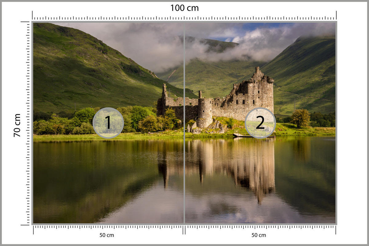 FOTOTAPETE Burgruine Kilchurn See Landschaft 3D 100x70 - Beige/Braun, Papier (100/70cm) - Muralo