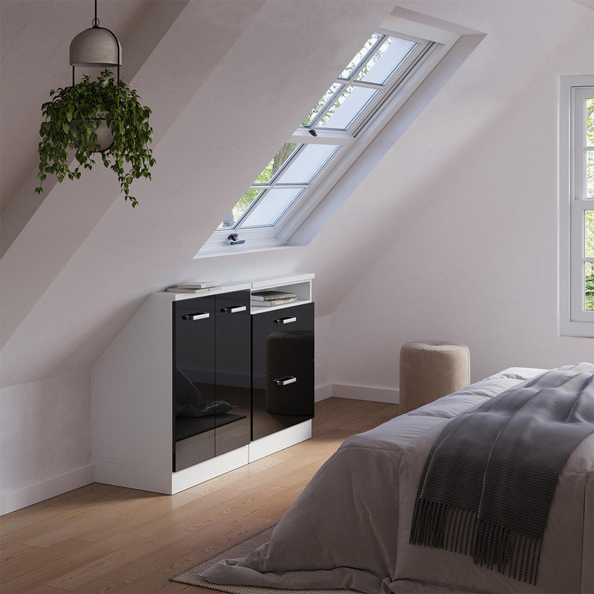 KUCHYŇSKÁ SKŘÍŇKA POD ŠIKMOU STŘECHU R-Line Černý vysoký lesk - bílá/černá, kompozitní dřevo (120/81.6/46cm) - Vicco