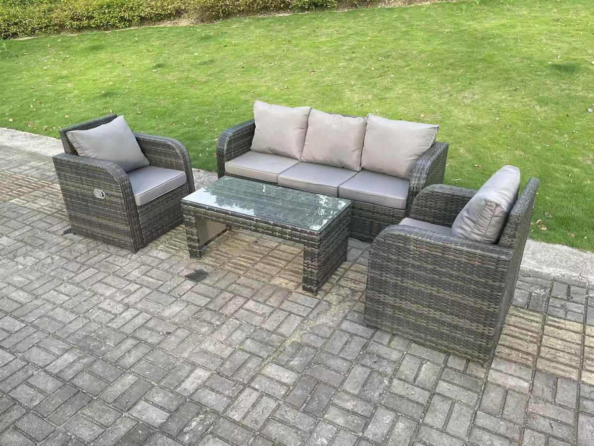 LOUNGESOFA Polyrattan 5-Sitzer - Dunkelgrau/Grau, Glas/Kunststoff - Fimous
