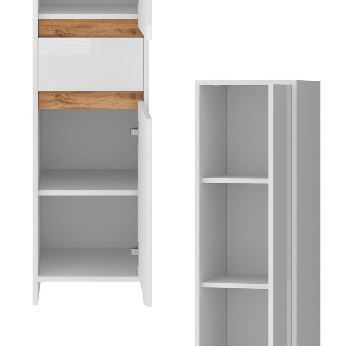 BADSCHRANK Detmold Weiß Hochglanz/Goldkraft Eiche 35 x 190 cm - Honigeiche/Weiß Hochglanz, Holzwerkstoff (35/190/35cm) - Vicco