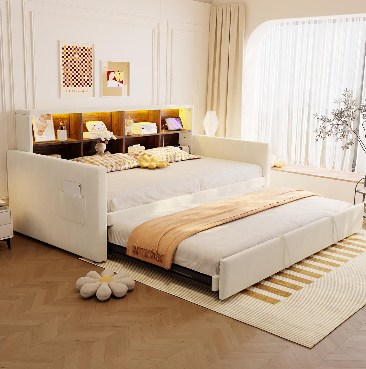 POLSTERBETT 90/180×190 cm Beige mit LED-Beleuchtung und USB- und Type-C-Anschlüssen - Beige, Textil (90/190cm) - Flora Grace