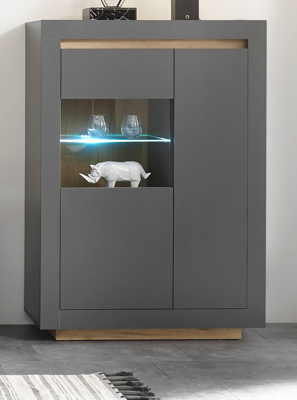 VITRINE anthrazit, Wotan Eiche, Highboard mit 7 Fächern - Eichefarben/Anthrazit, Glas/Holzwerkstoff (96/136/38cm) - Furn.Design