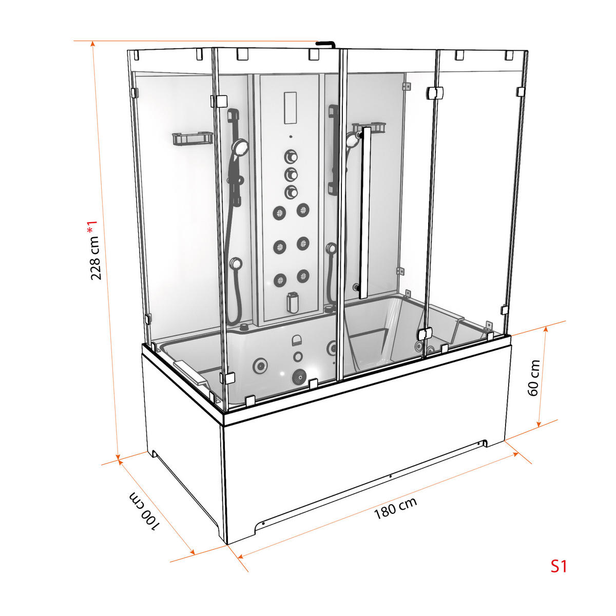 BADEWANNE Dusche K80-WS-TH-B-EC-EA Duschtempel - Weiß, Glas/Kunststoff (180/100/228cm) - AcquaVapore by Sandra Jentho