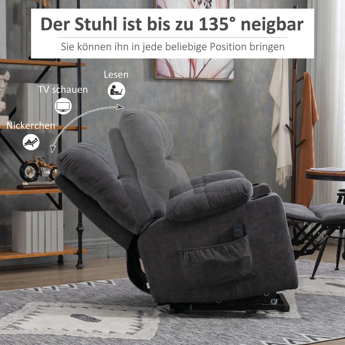 FERNSEHSESSEL mit Aufstehhilfe, Dunkelgrau - Dunkelgrau/Schwarz, Textil/Metall (95/109/91cm) - HOMCOM