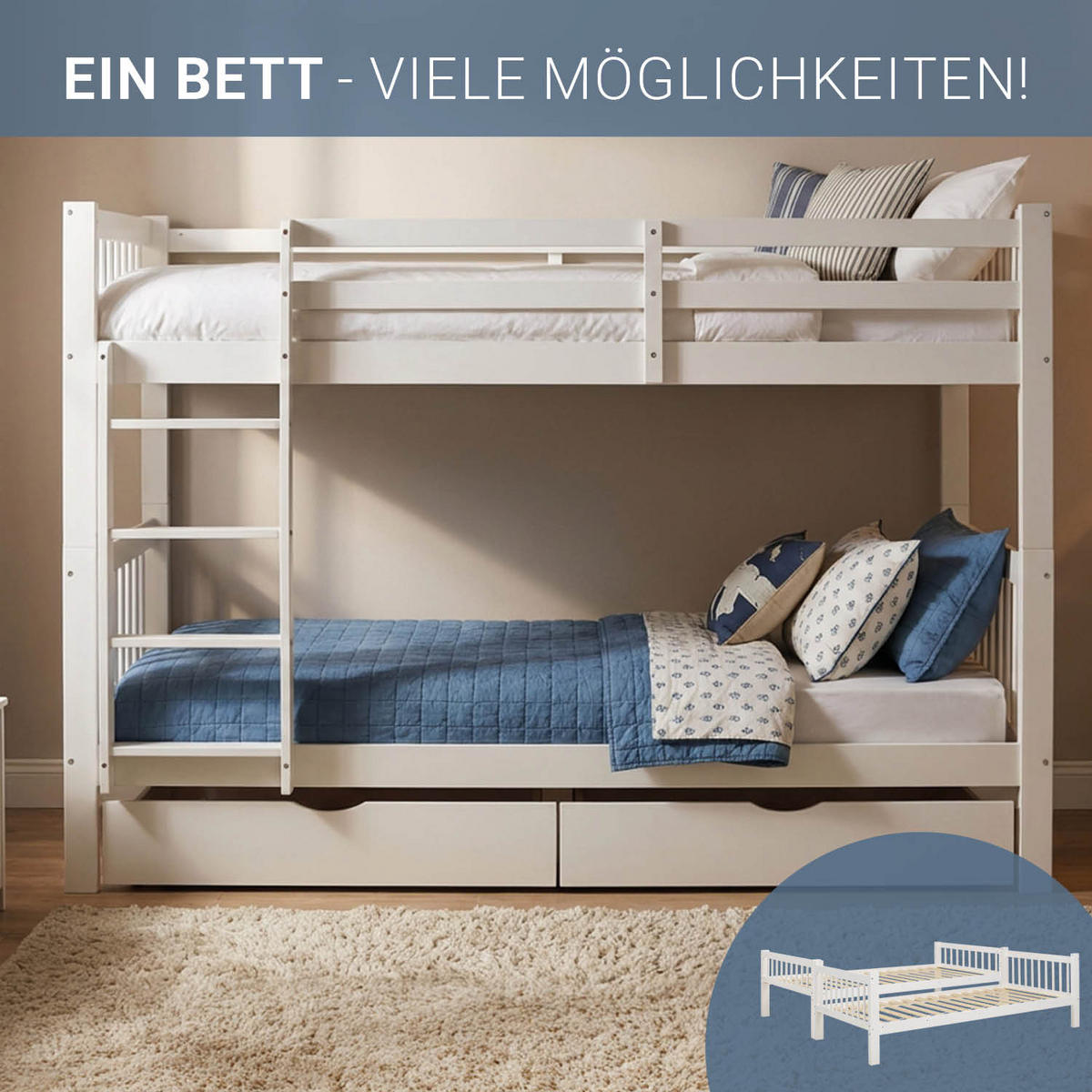 ETAGENBETT mit Bettkästen 90/200 cm Weiß - Weiß, Holz (90/200cm) - Homestyle4u